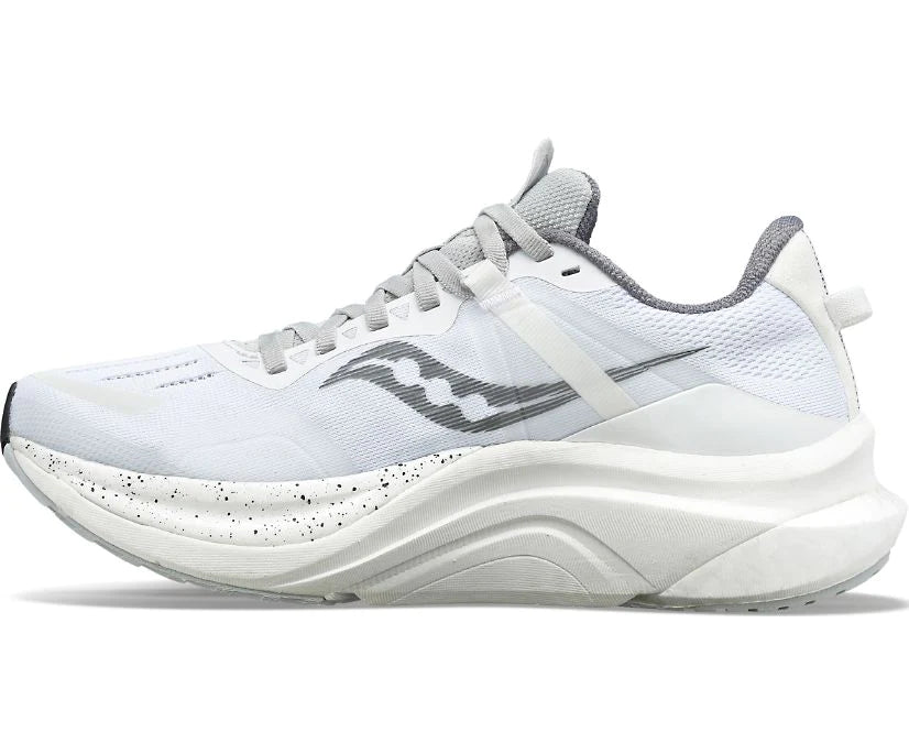 Medial view of the Women's Tempus by Saucony in the color White/Black