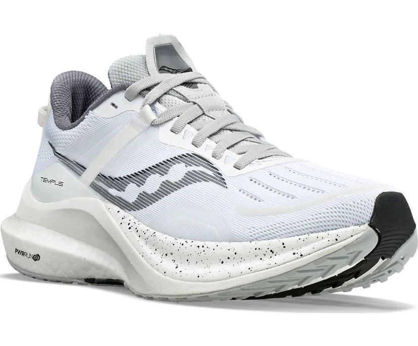 Front angle view of the Women's Tempus by Saucony in the color White/Black
