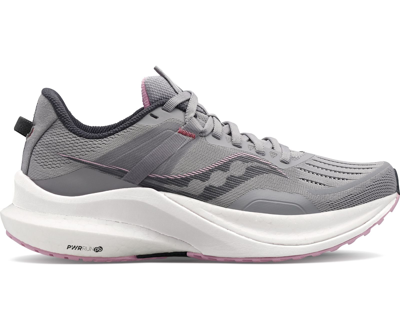 Lateral view of the Women's Tempus in the wide "D" width by Saucony in the color Alloy/Quartz 