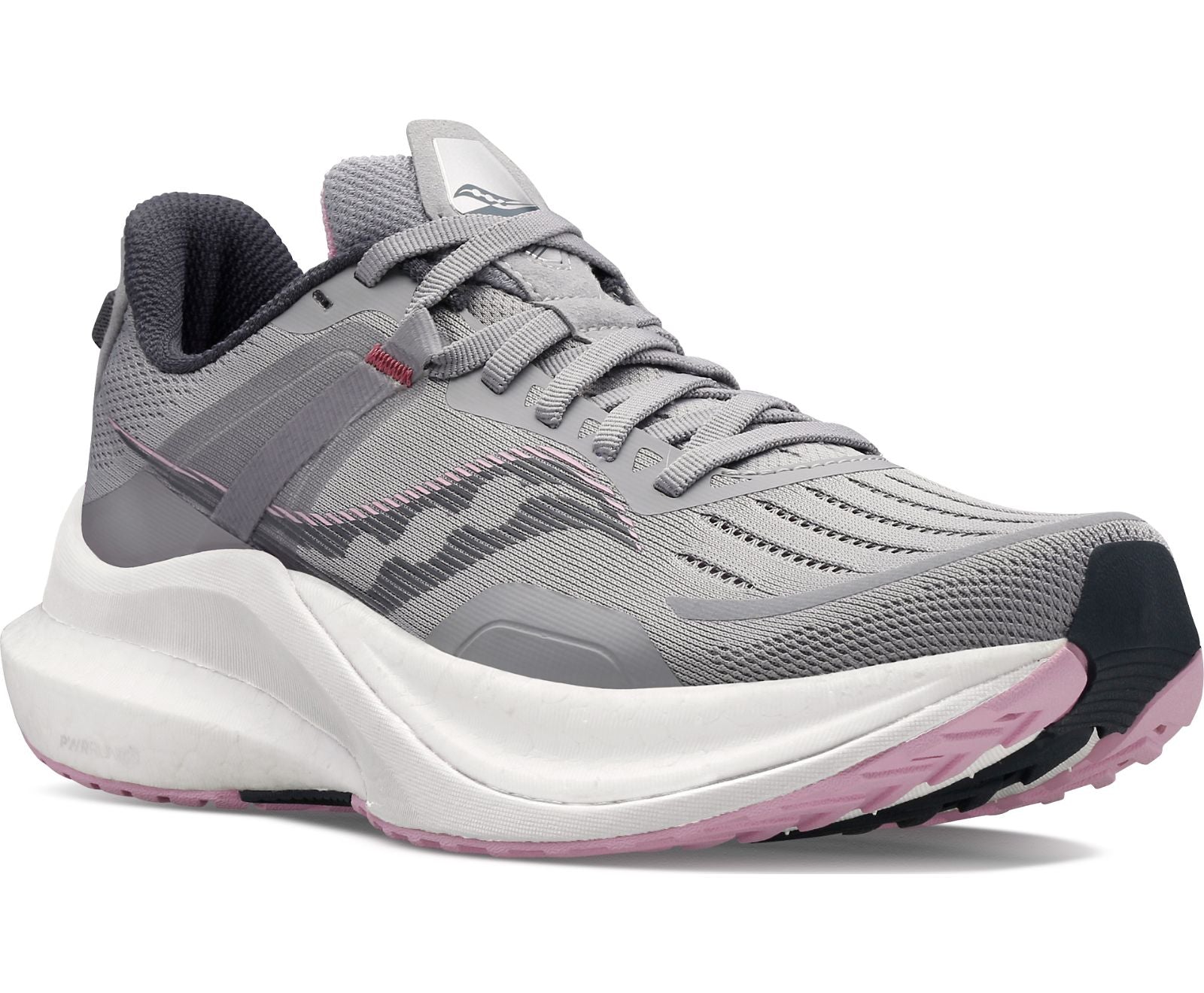 Front angle view of the Women's Tempus in the wide "D" width by Saucony in the color Alloy/Quartz