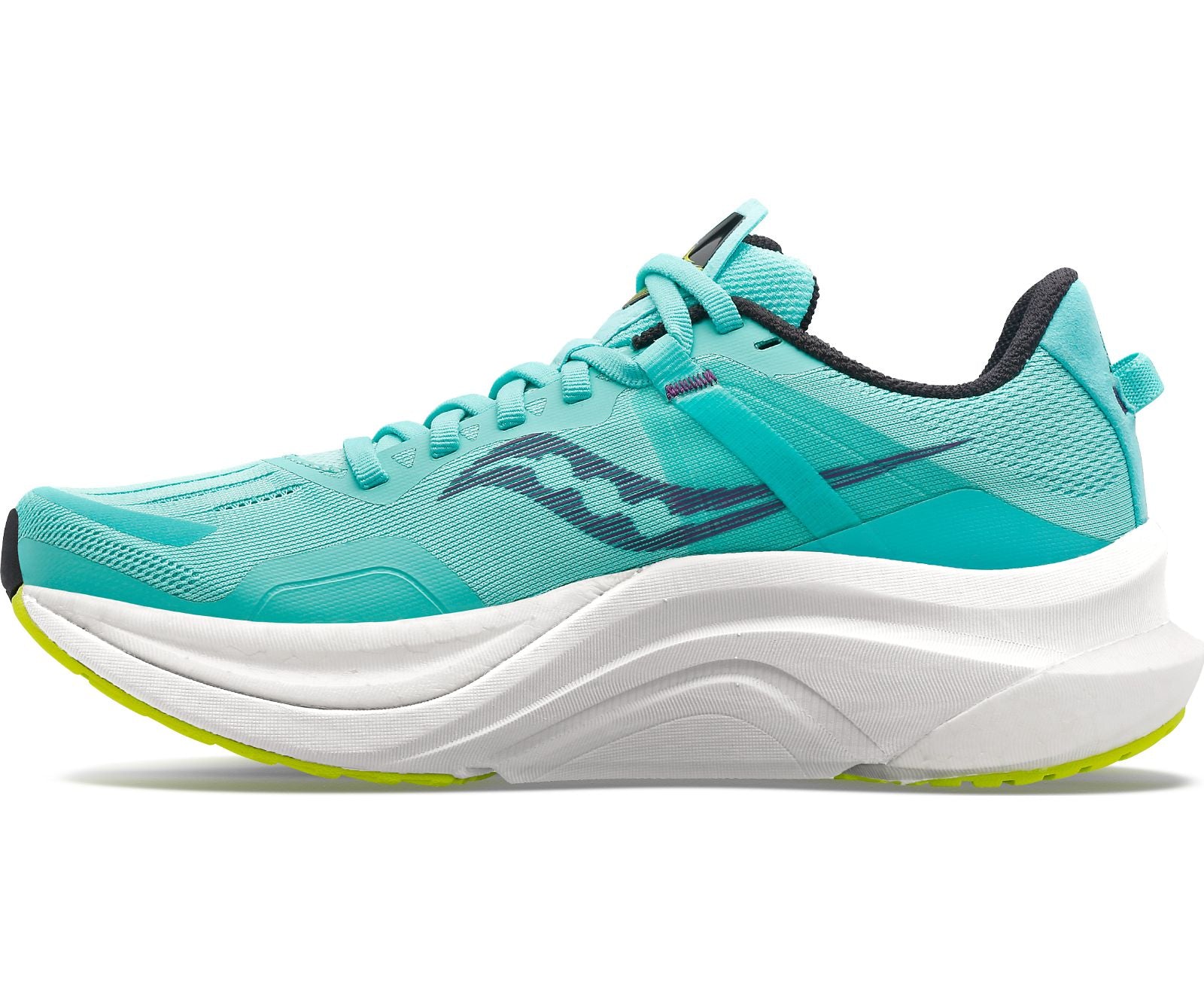 Medial view of the Women's Tempus by Saucony in the color Cool Mint/Acid