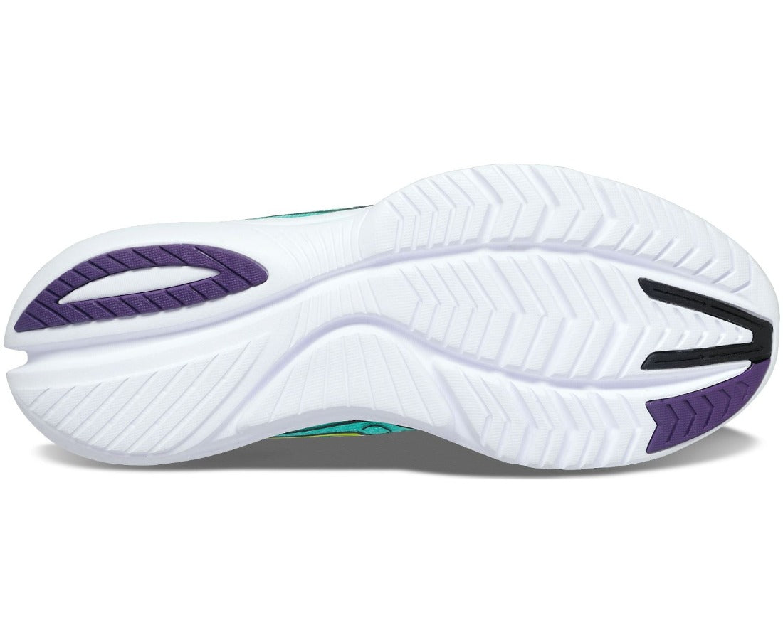 Bottom (outer sole) view of the Women's Kinvara 13 by Saucony in Cool Mint/Acid