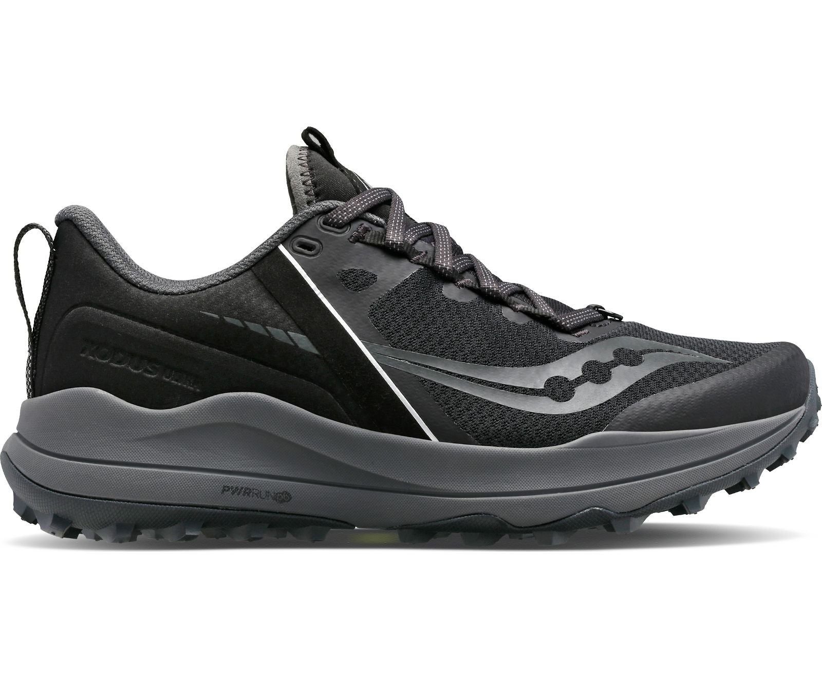 Lateral view of the Women's Xodus Ultra trail shoe by Saucony in the color Black/Charcoal