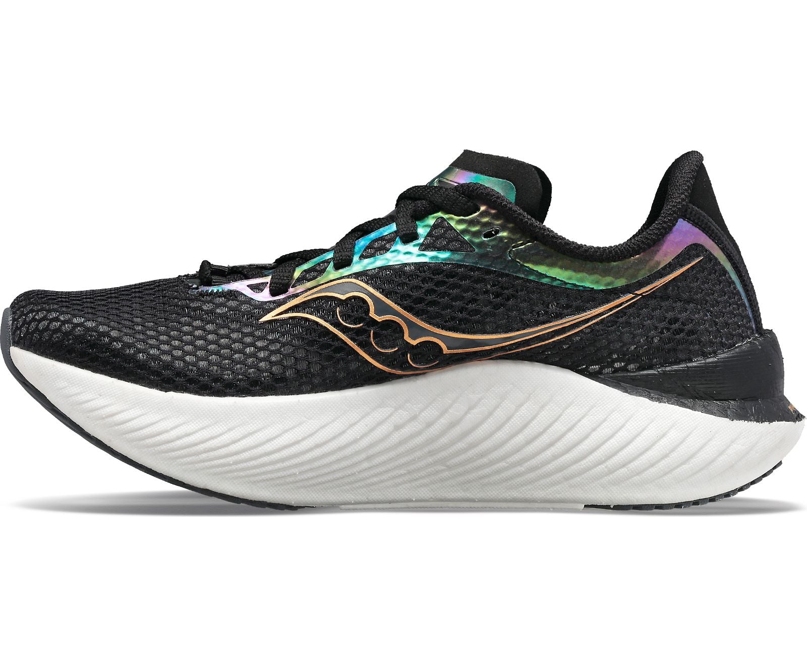 Medial view of the Women's Endorphin Pro 3 by Saucony in the color Black/Goldstruck