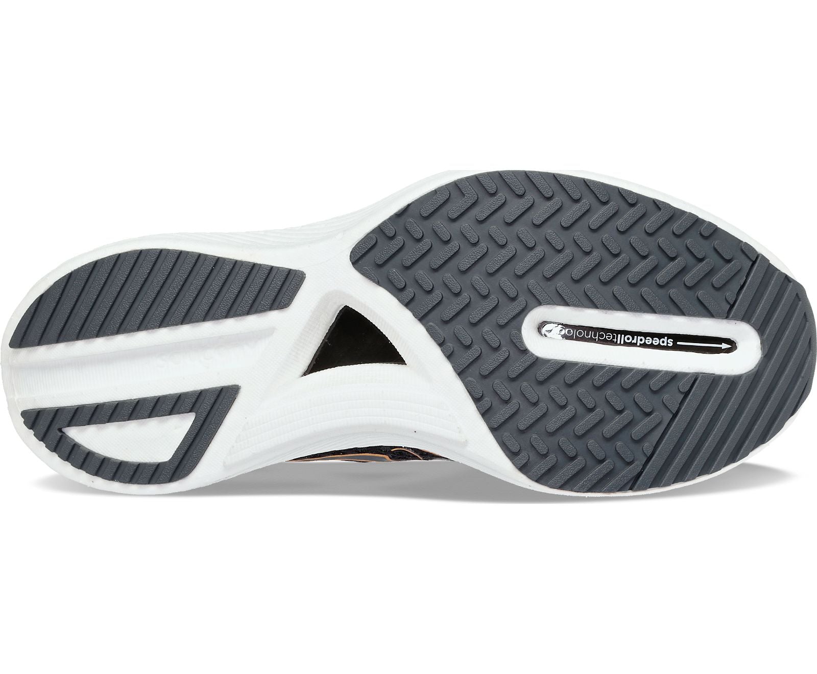 Bottom (outer sole) view of the Women's Endorphin Pro 3 by Saucony in the color Black/Goldstruck