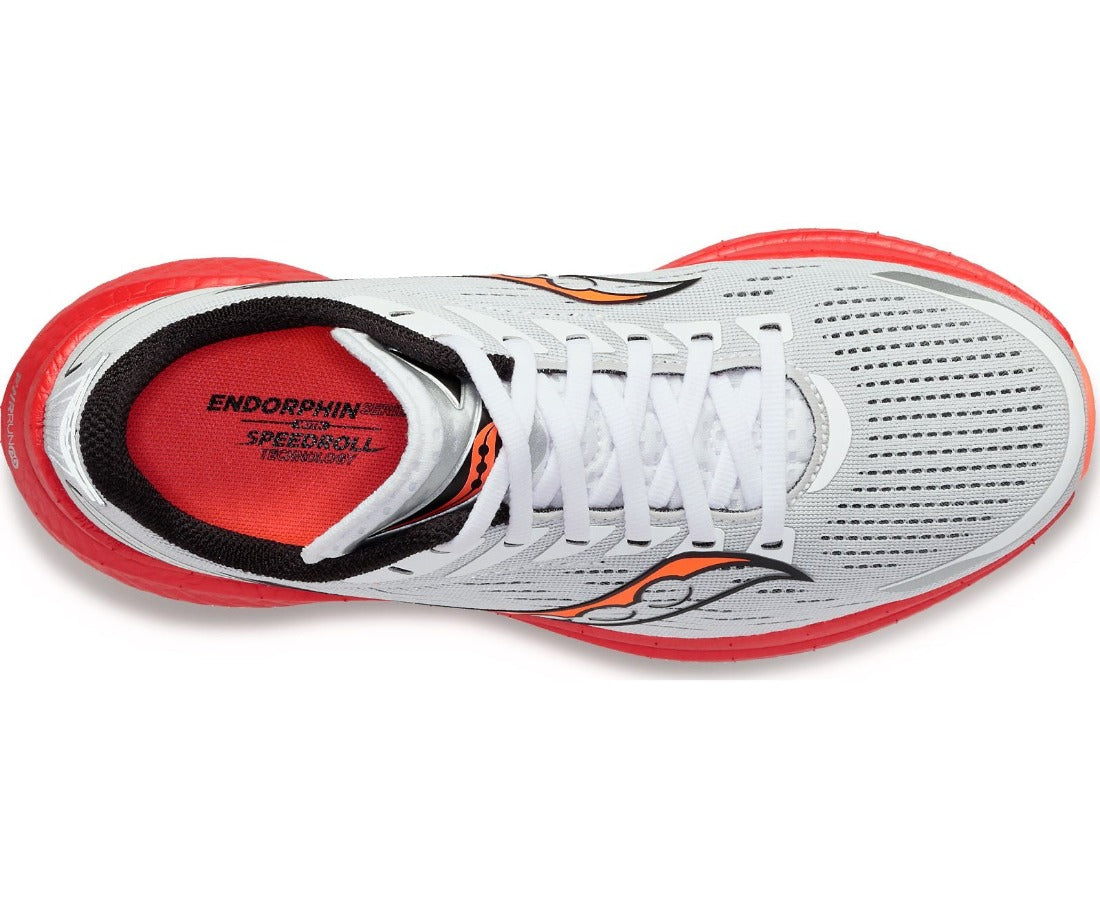 Top view of the Women's Endorphin Speed 3 by Saucony in the color White/Black/ViziRed