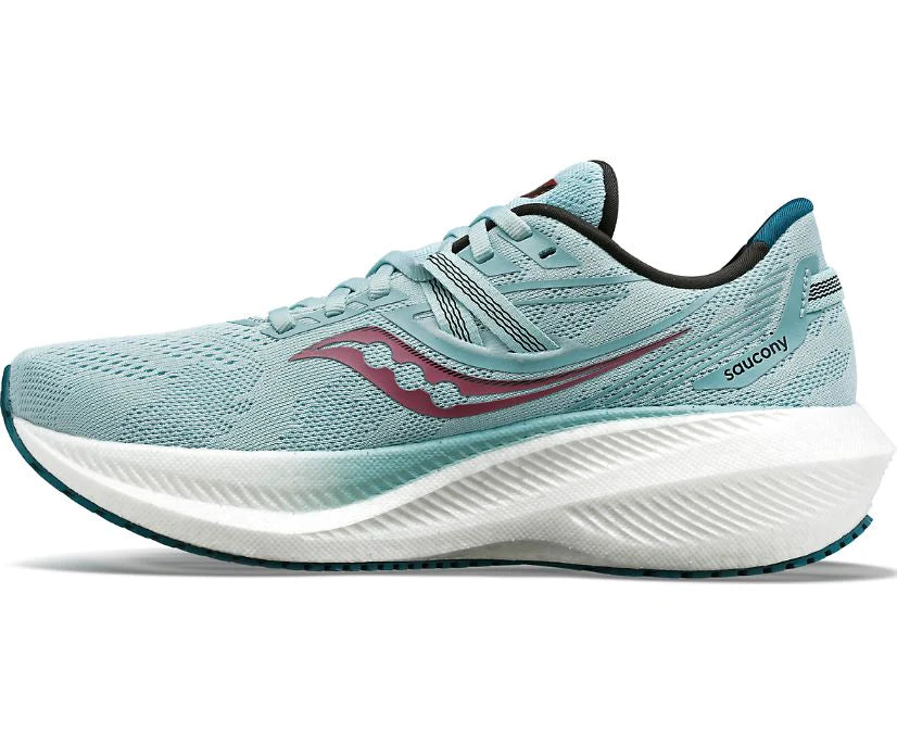 Medial view of the Women's Triumph 20 by Saucony in the color Mineral / Berry