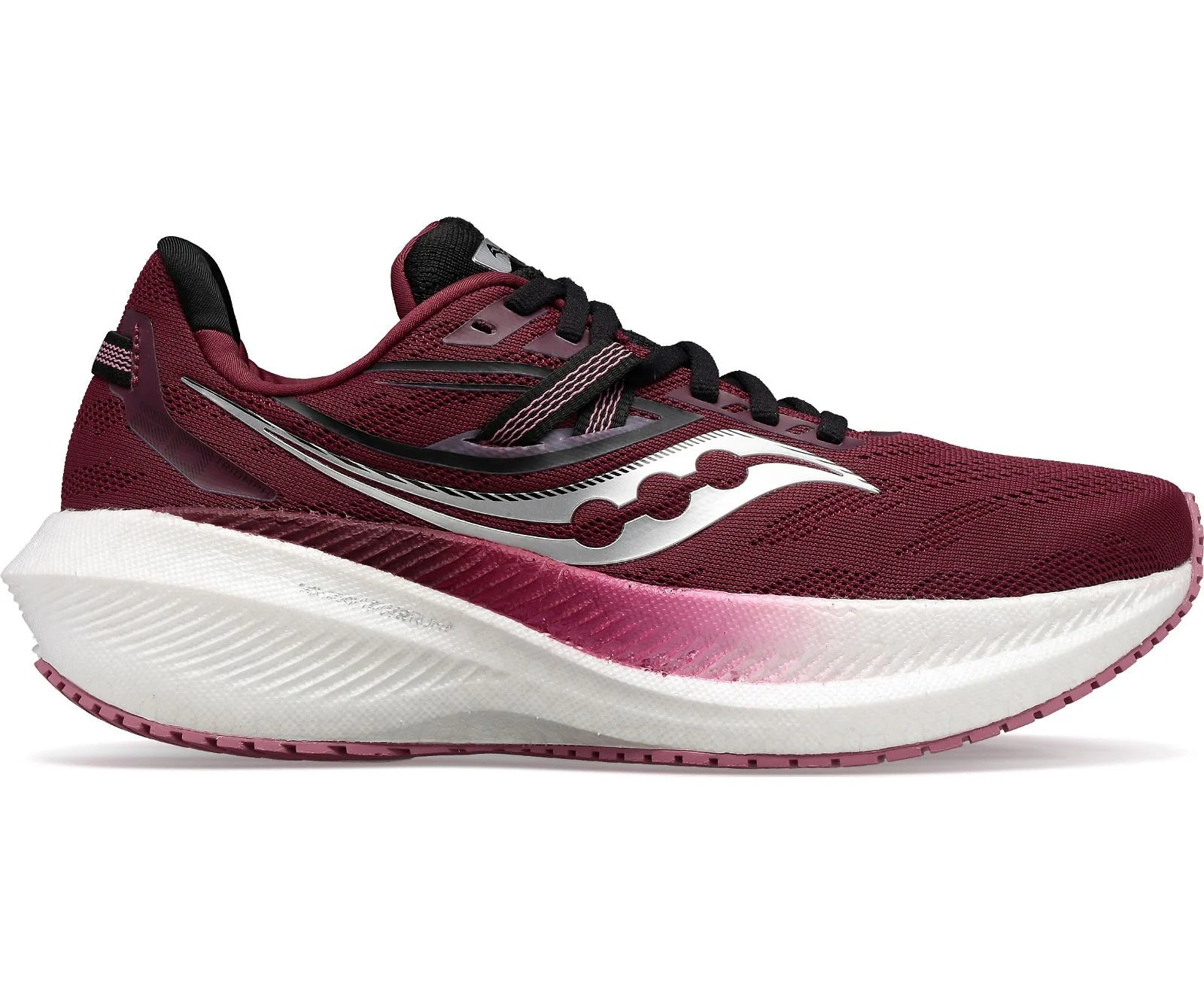 Lateral view of the Women's Triumph 20 by Saucony in the color Sundown / Rose
