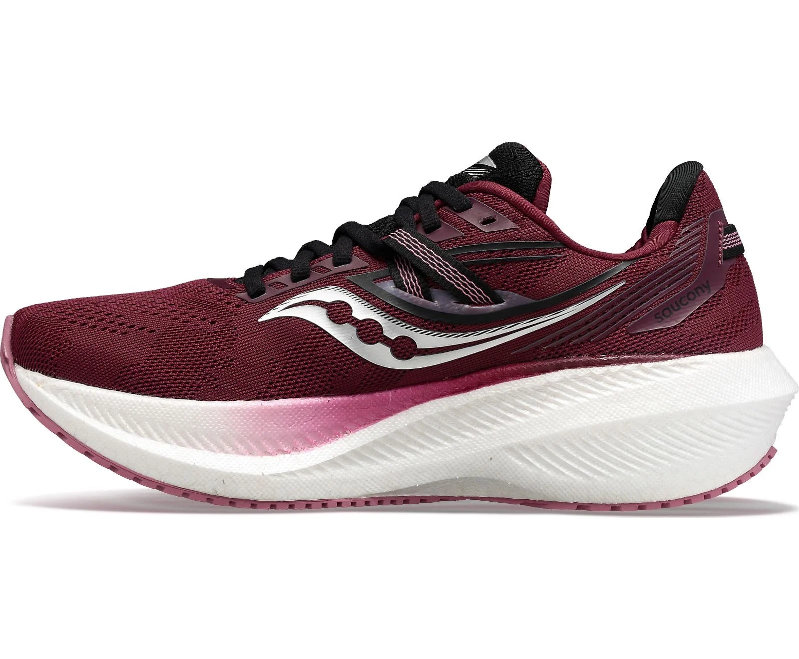 Medial view of the Women's Triumph 20 by Saucony in the color Sundown / Rose