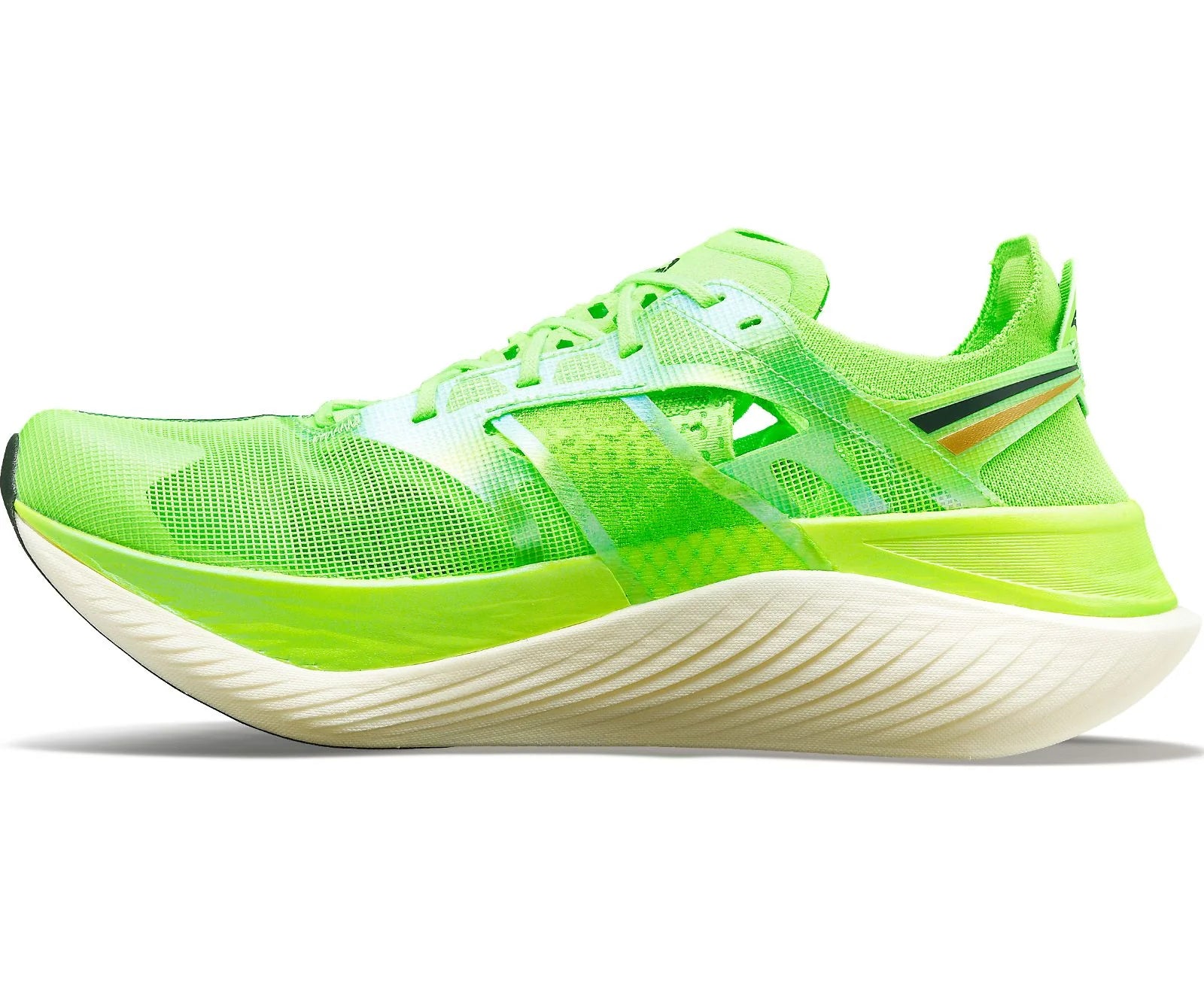 Medial view of the Women's Endorphin Elite by Saucony in the color Slime