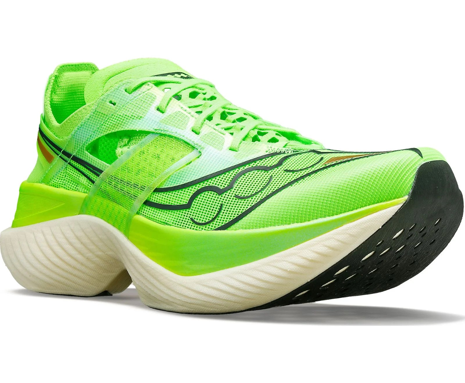 Front angle view of the Women's Endorphin Elite by Saucony in the color Slime