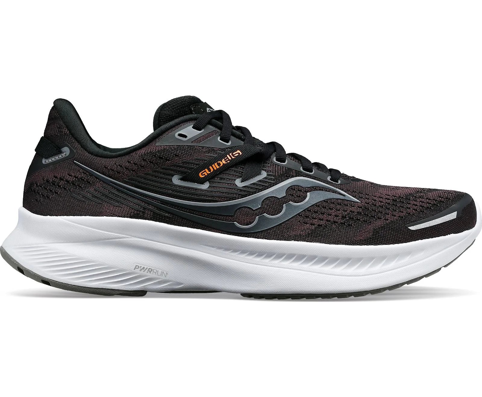 Lateral view of the Women's Guide 16 by Saucony in Black/White