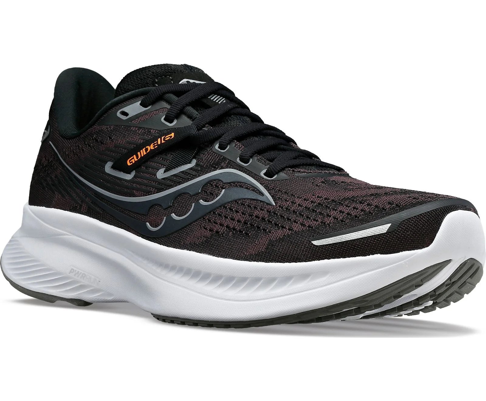 Front angle view of the Women's Guide 16 by Saucony in Black/White