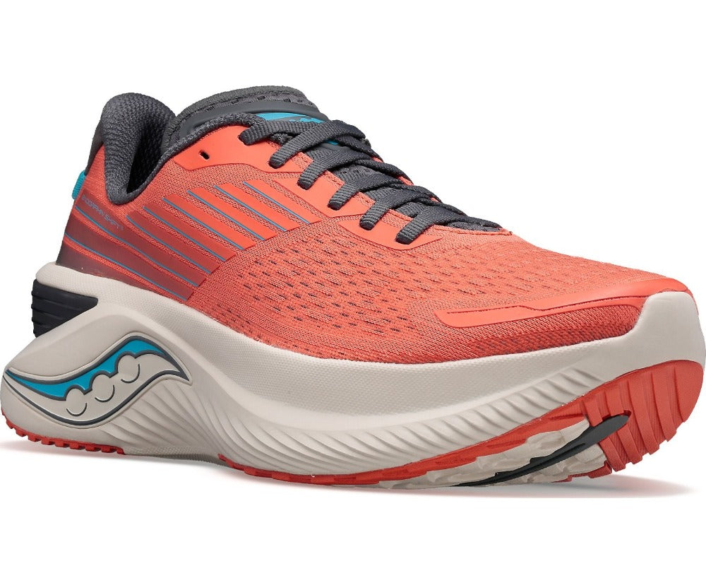 Front angle view of the Women's Endorphin Shift 3 by Saucony in the color Coral/Shadow
