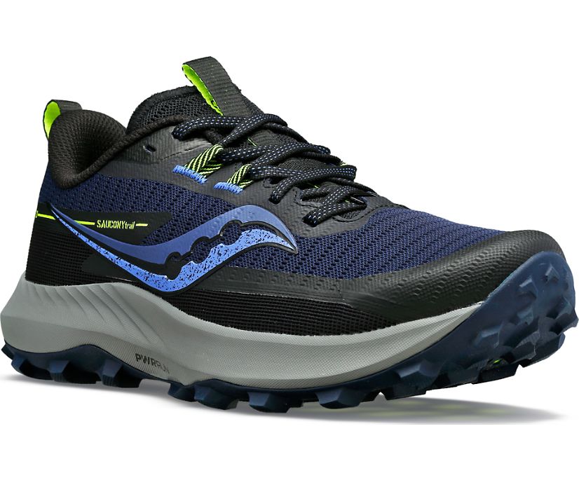 Front angle view of the Women's Peregrine 13 trail shoe by Saucony in the color Night/Fossil