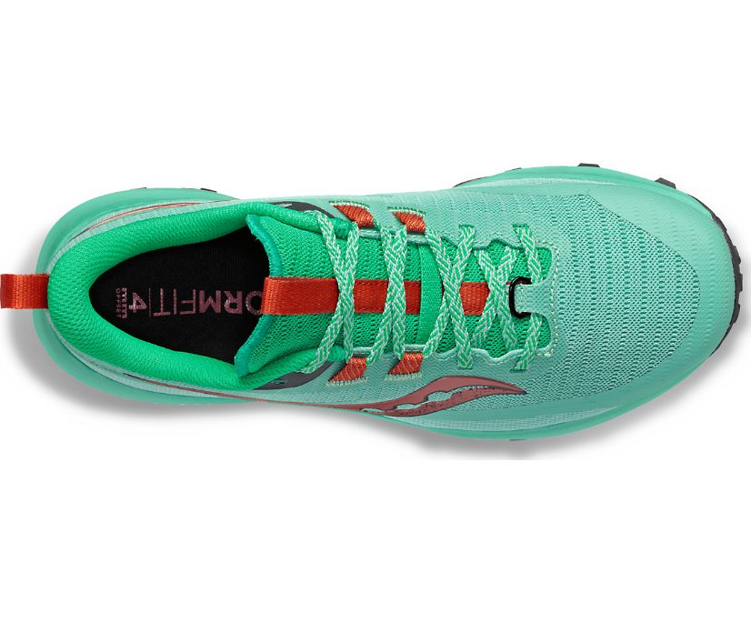 Top view of the Women's Peregrine 13 trail shoe by Saucony in the color Sprig/Canopy