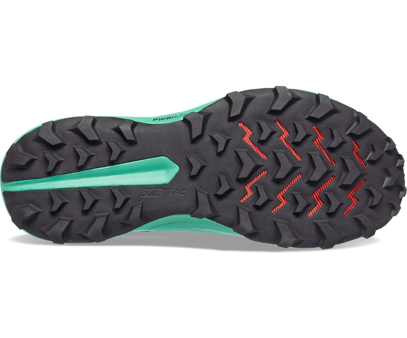 Bottom (outer sole) view of the Women's Peregrine 13 trail shoe by Saucony in the color Sprig/Canopy