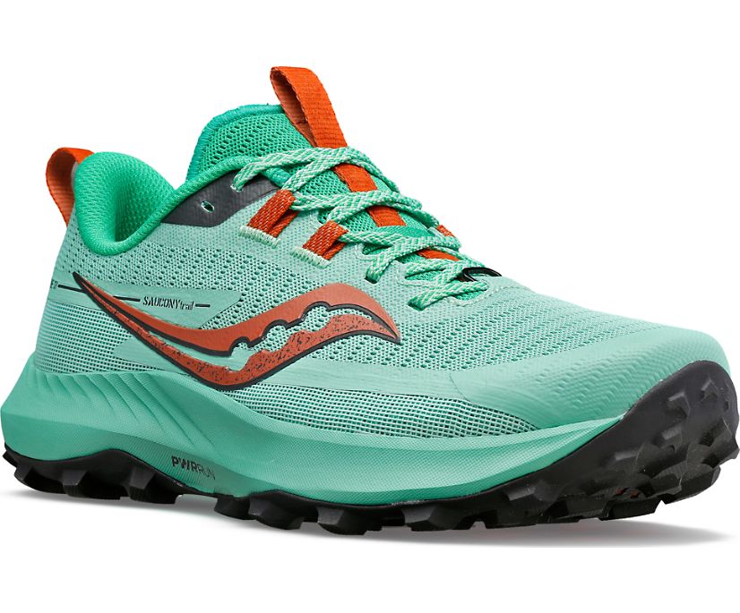 Front angle view of the Women's Peregrine 13 trail shoe by Saucony in the color Sprig/Canopy