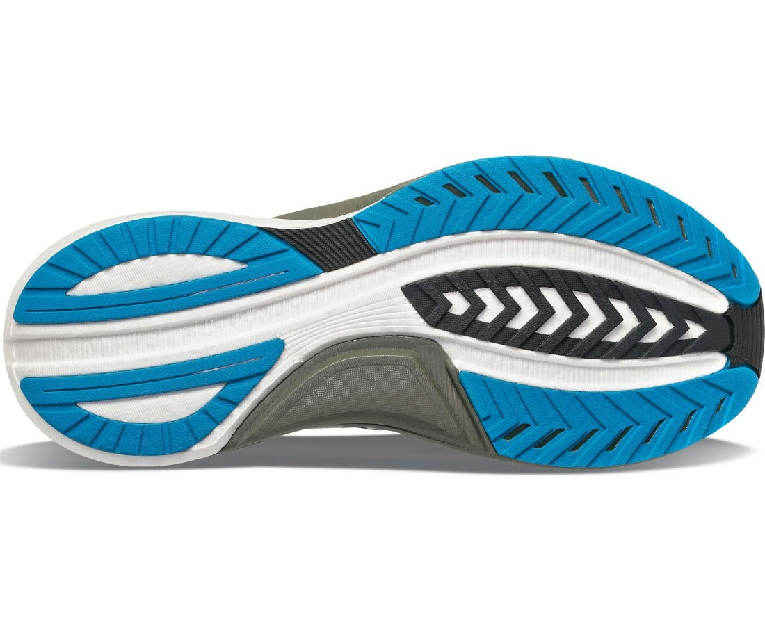 Bottom (outer sole) view of the Men's Saucony Tempus in the wide "2E" width, color Alloy/Topaz