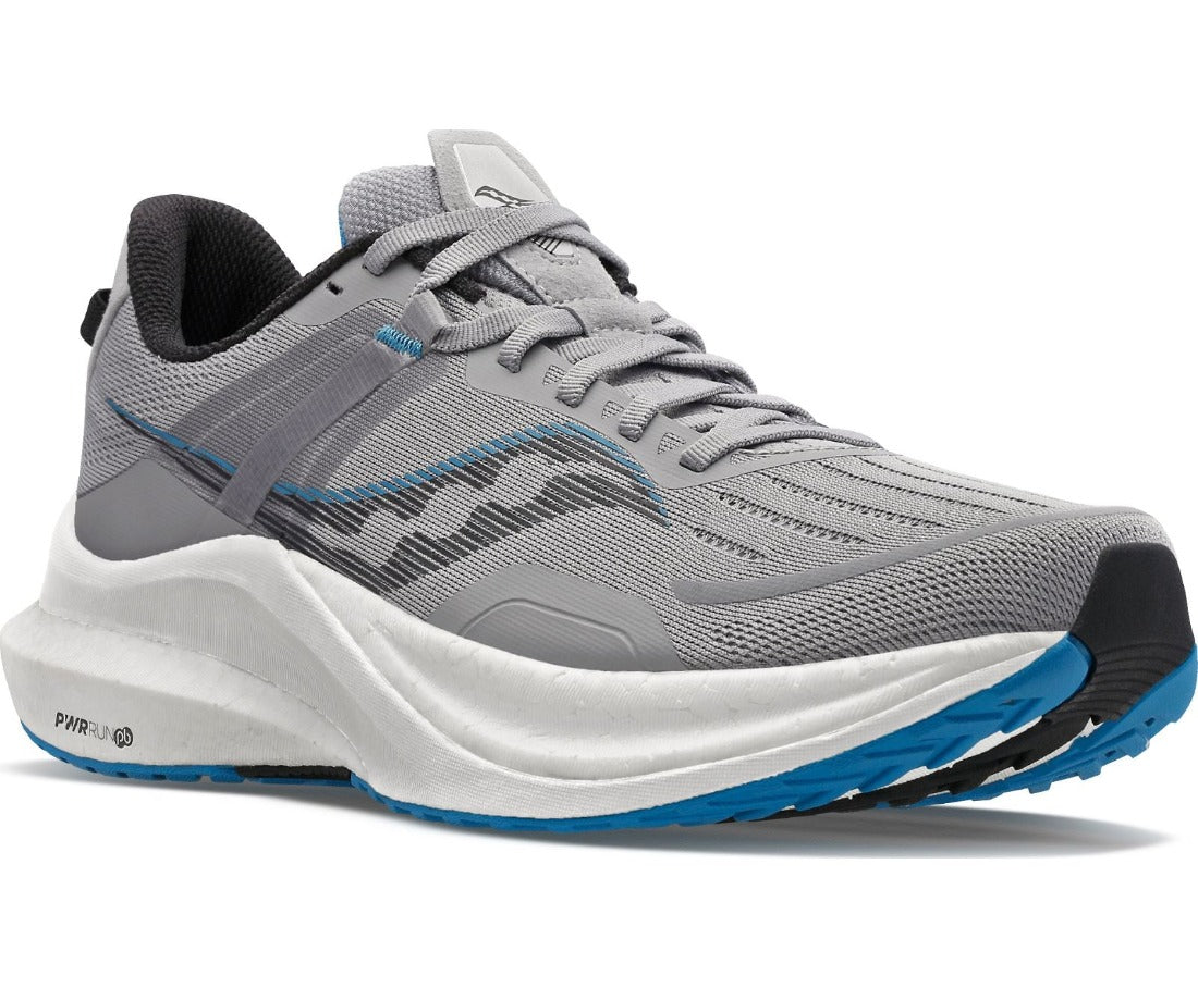 Front angle view of the Men's Saucony Tempus in the wide "2E" width, color Alloy/Topaz
