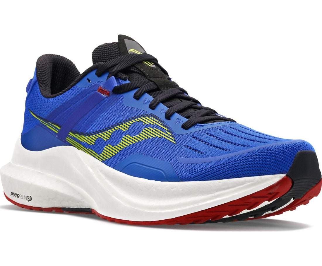 Front angle view of the Saucony Men's Tempus in the color Blue Raz/Acid