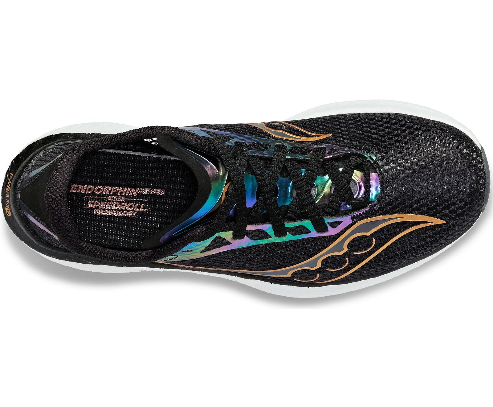 Top view of the Men's Endorphin Pro 3 by Saucony in the color Black/Goldstruck