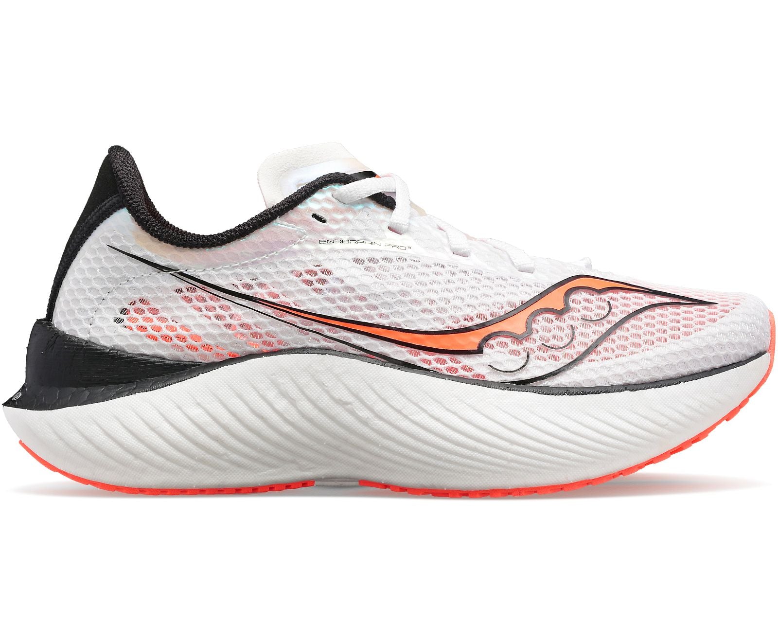 Lateral view of the Men's Endorphin Pro 3 by Saucony in the color White/Black/Vizired
