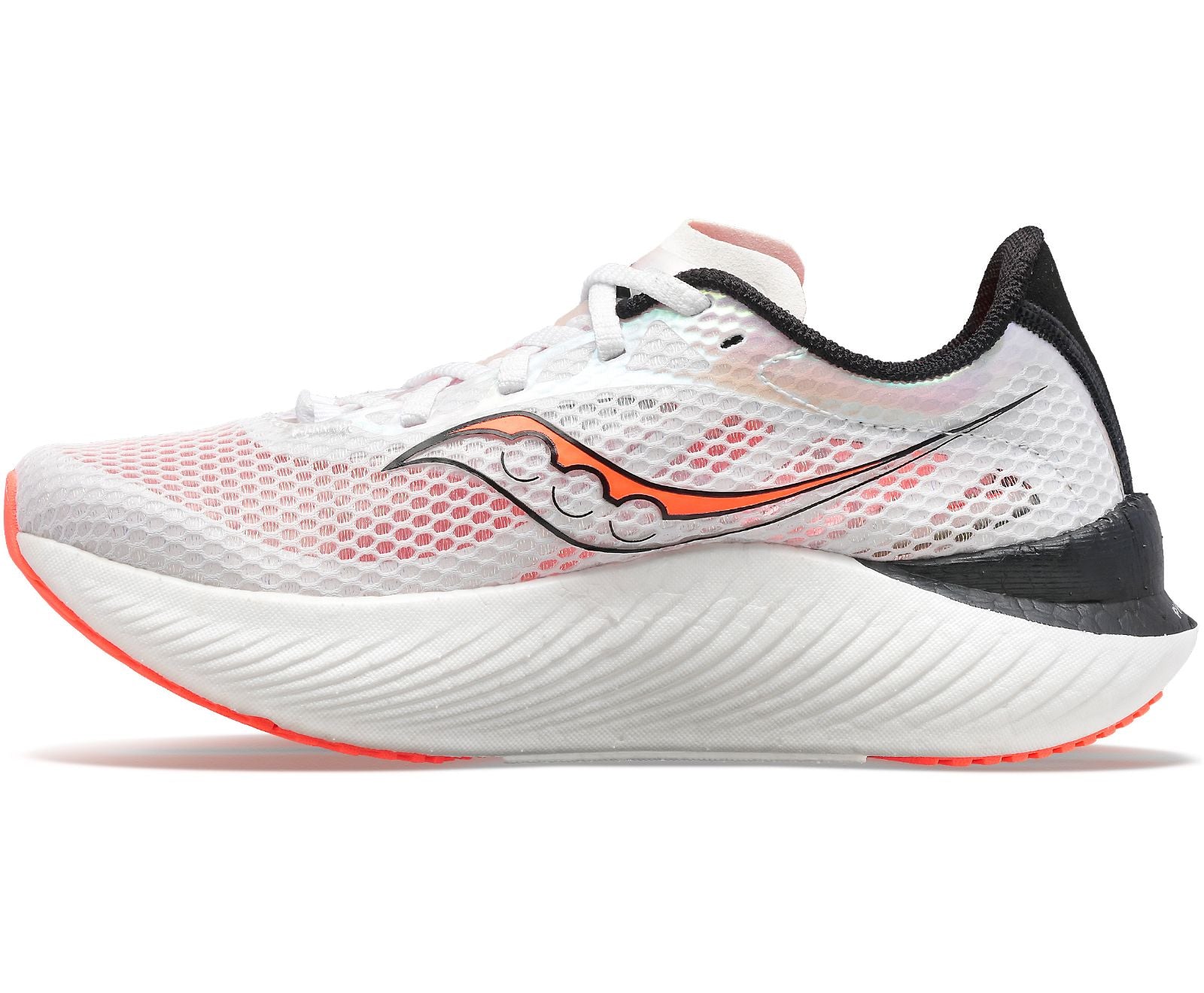 Medial view of the Men's Endorphin Pro 3 by Saucony in the color White/Black/Vizired