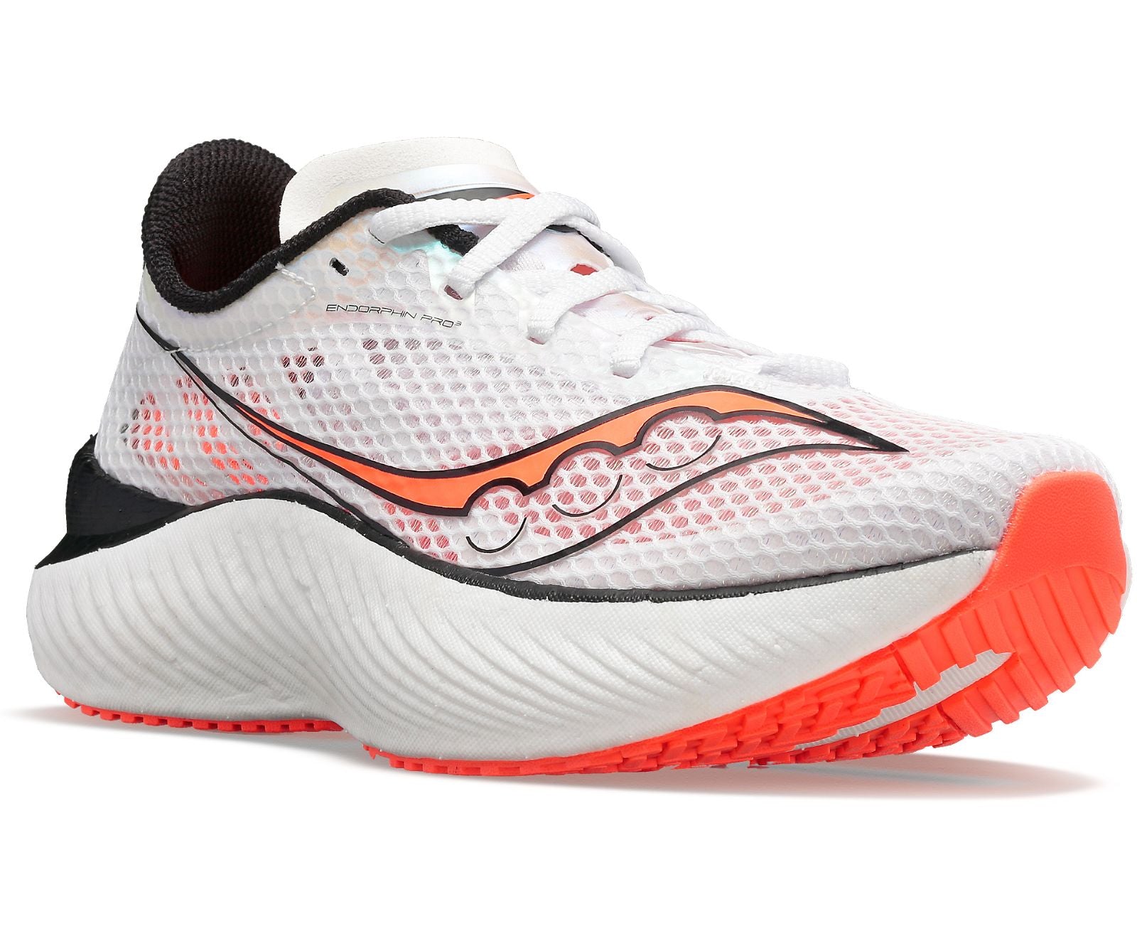 Front angle view of the Men's Endorphin Pro 3 by Saucony in the color White/Black/Vizired