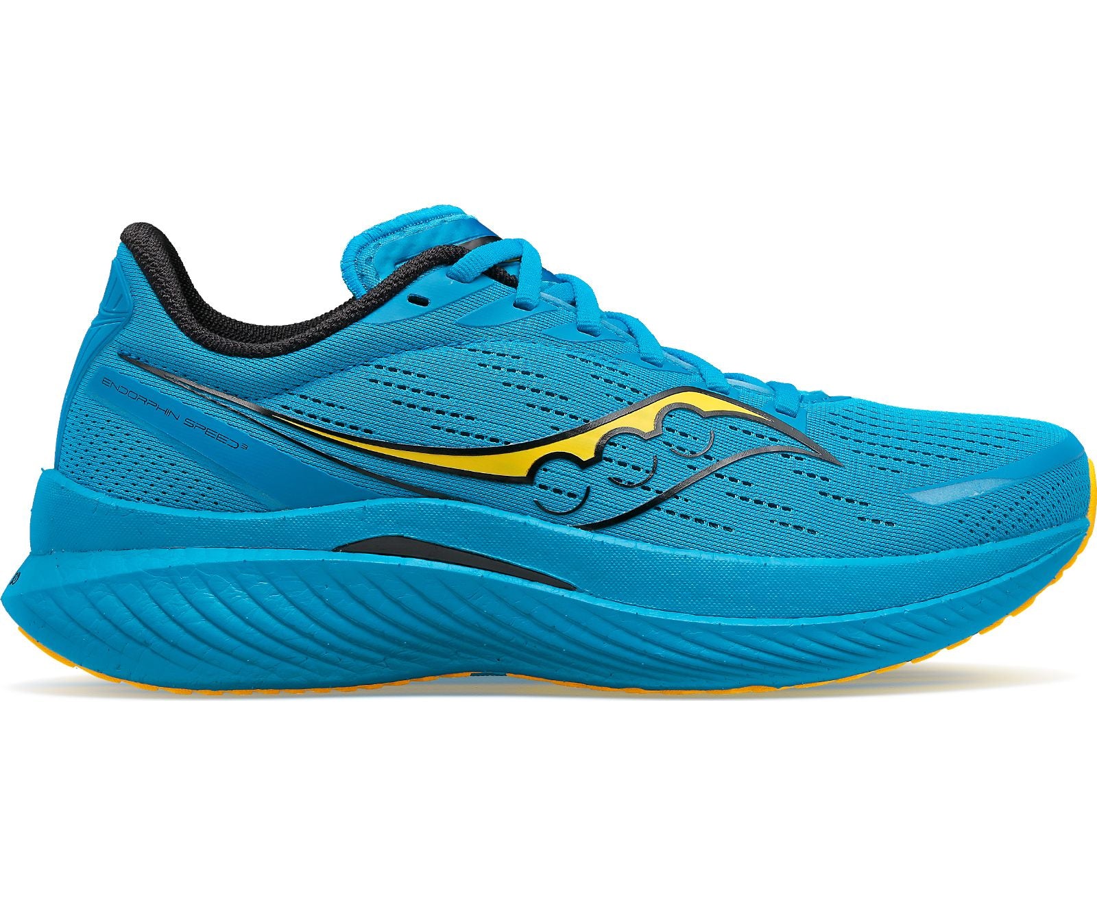 Lateral view of the Men's Saucony Endorphin Speed 3 in the color ocean/vizigold