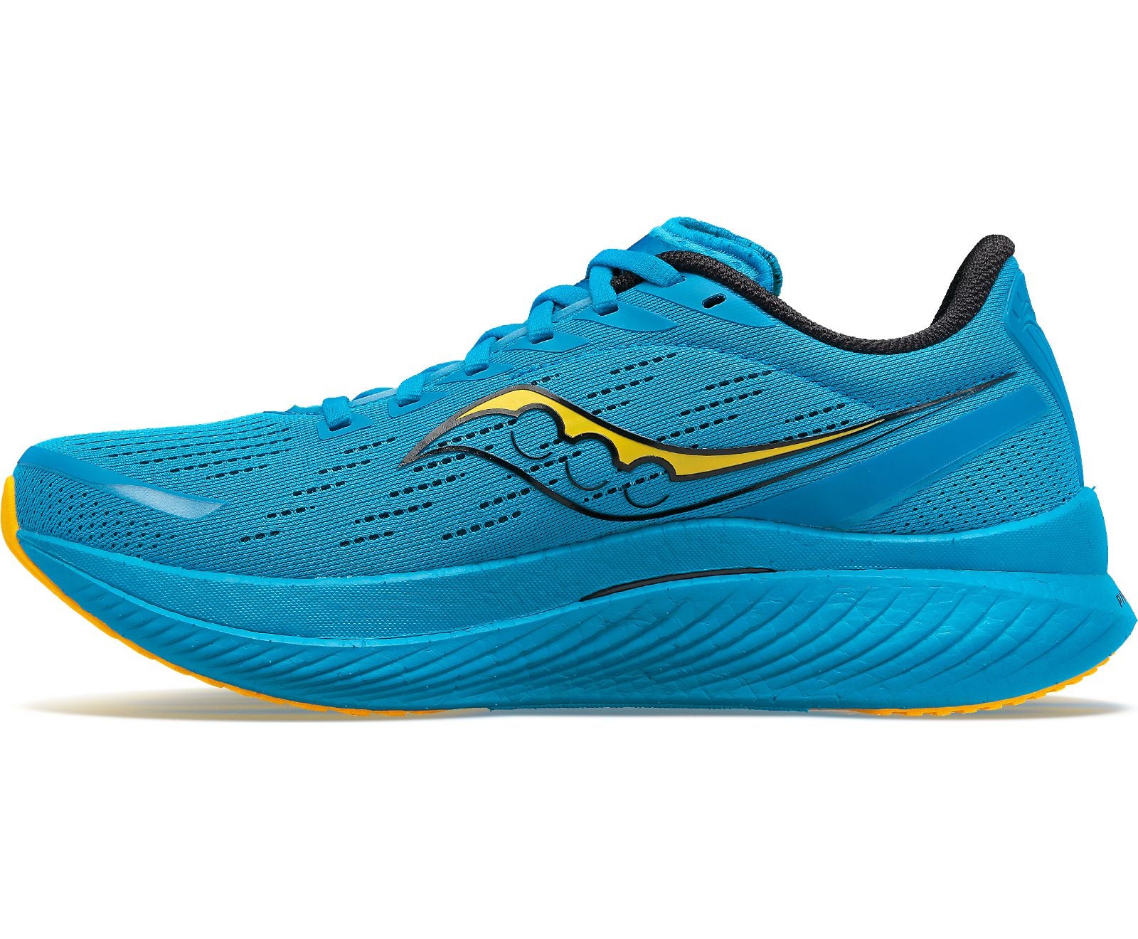Medial view of the Men's Saucony Endorphin Speed 3 in the color ocean/vizigold
