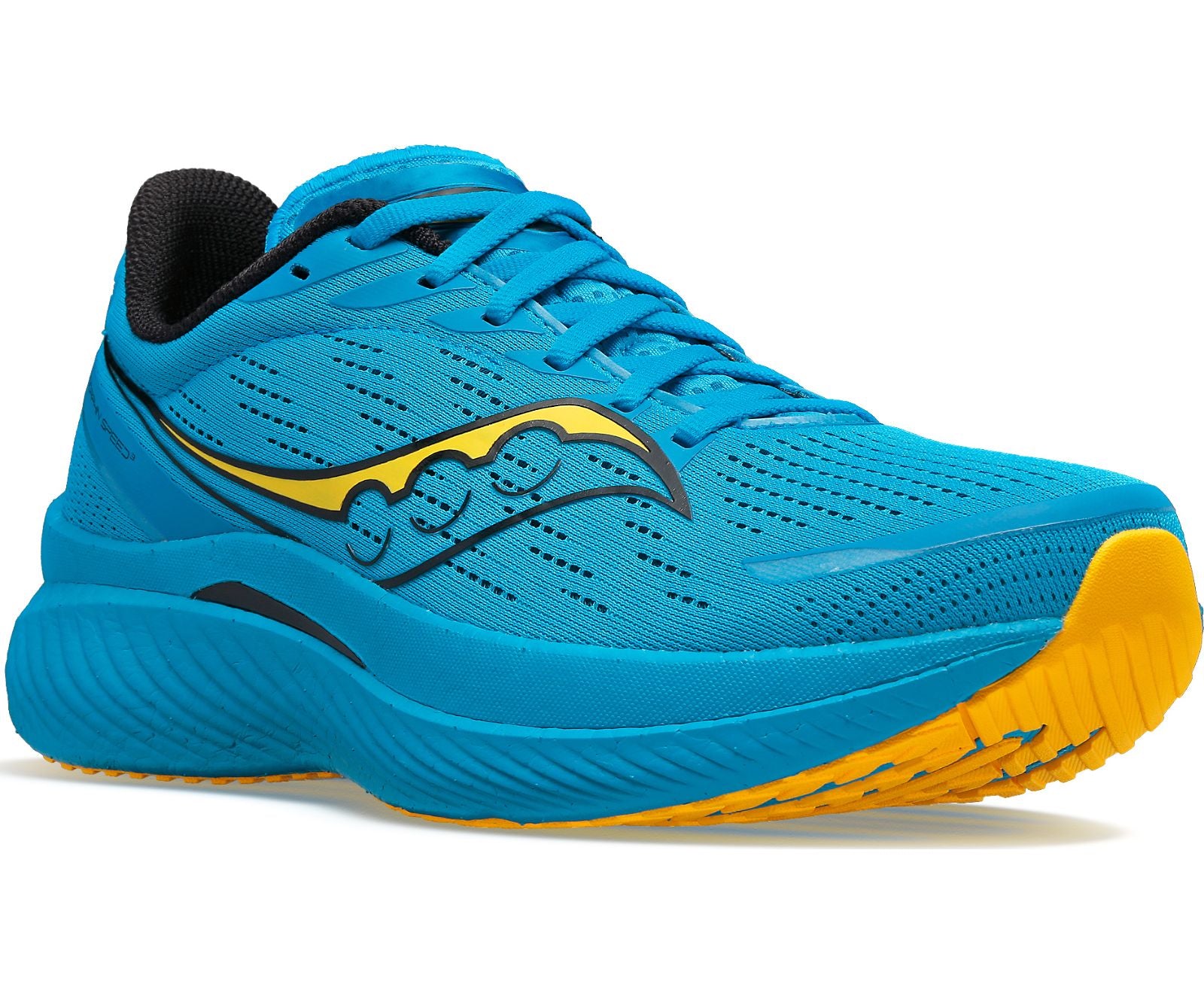 Front angle view of the Men's Saucony Endorphin Speed 3 in the color ocean/vizigold