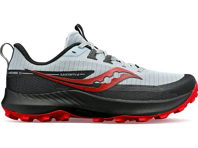 Lateral view of the Men's Peregrine 13 trail shoe by Saucony in the color Vapor/Poppy