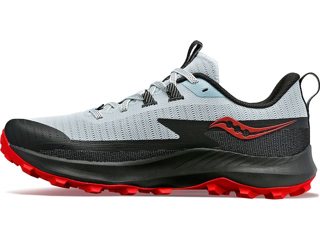Medial view of the Men's Peregrine 13 trail shoe by Saucony in the color Vapor/Poppy