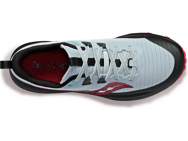 Top view of the Men's Peregrine 13 trail shoe by Saucony in the color Vapor/Poppy