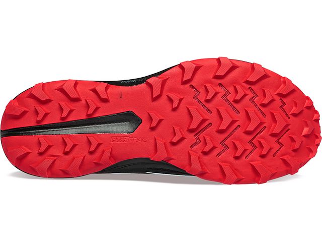 Bottom (outer sole) view of the Men's Peregrine 13 trail shoe by Saucony in the color Vapor/Poppy