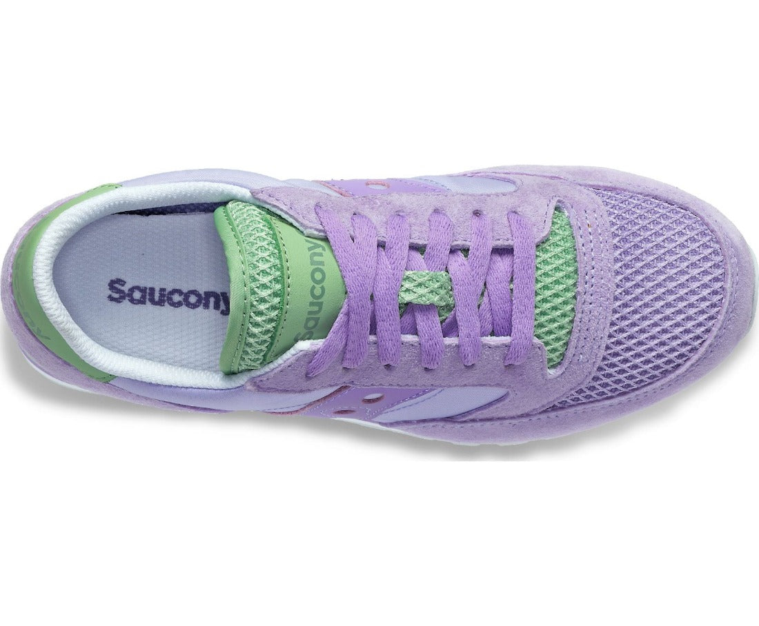 From the top down view the lime color on tongue is clearly differentiated from the violet on the rest of the shoe