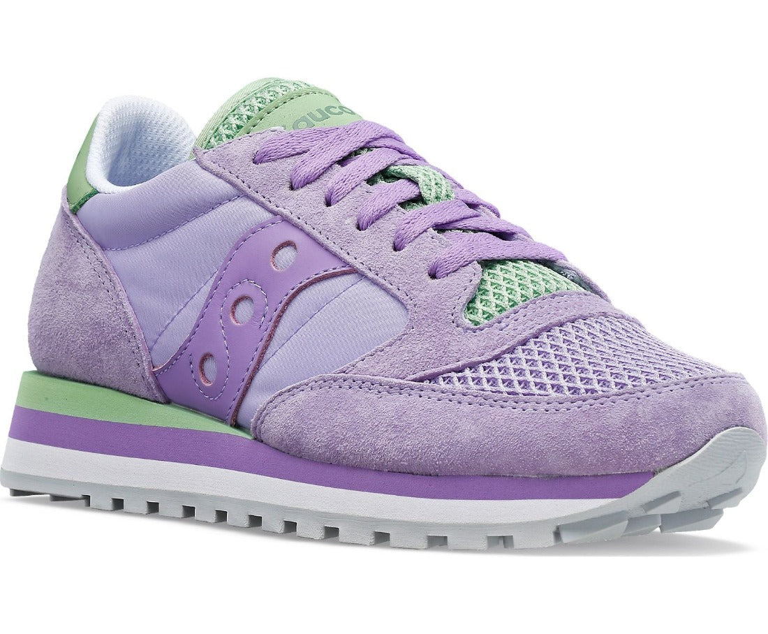 From a diagonal view the multicolor violet and lime mesh of this Women's Jazz Triple is right in front