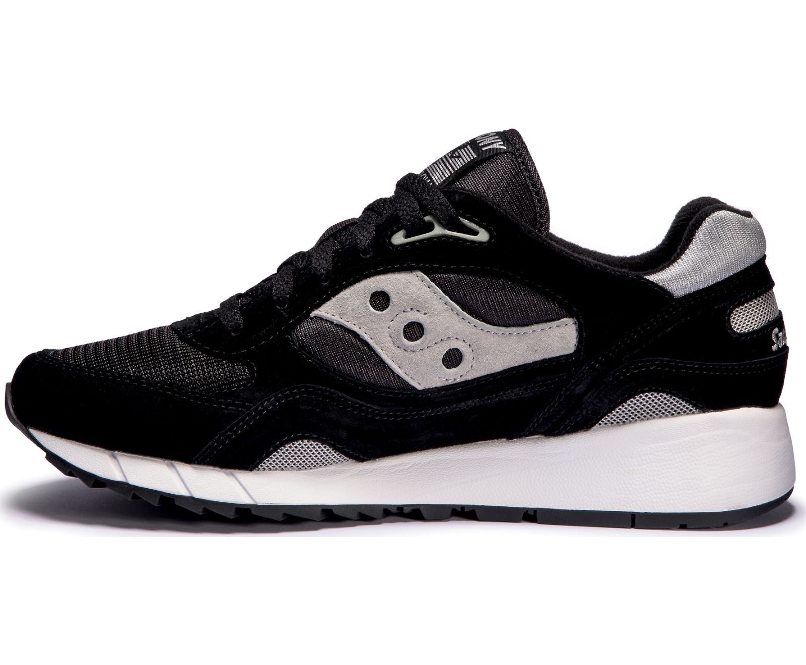 Medial view of the Men's Saucony Shadow 6000 in Black/Silver