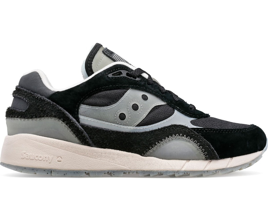 Lateral view of the Men's Shadow 6000 (Transparent) lifestyle shoe by Saucony in Black/Grey/White
