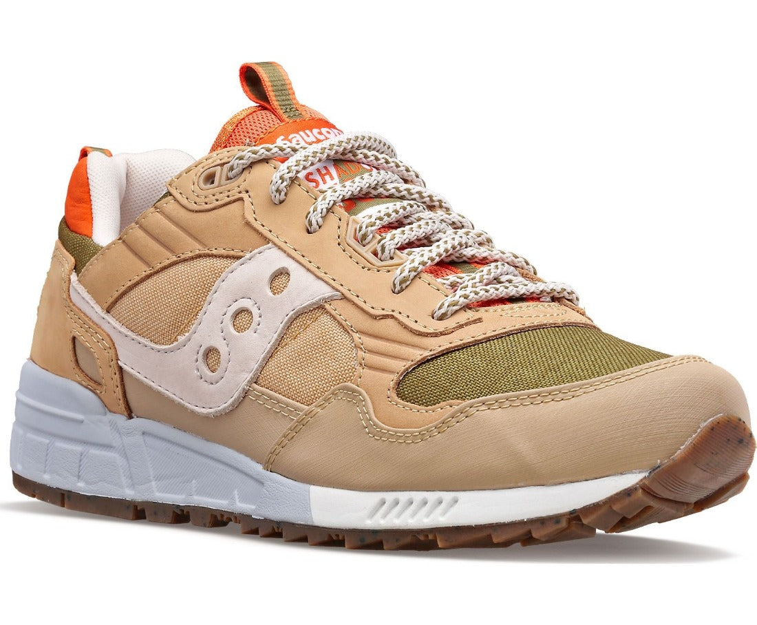 This Saucony Shadow 5000 has a Khaki color that has the look of a classic hiking boot