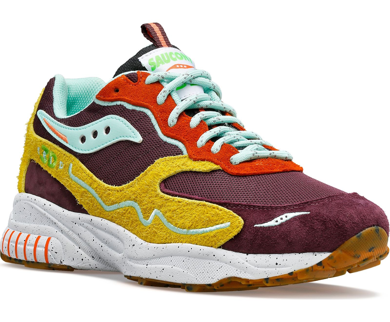 Front angle view of the Men's 3D Grid Hurricane Trailian shoe by Saucony in the color Brown/Mustard