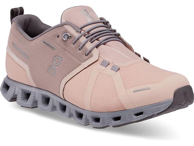 Front angled view of the Women's Cloud 5 Waterproof by On in the color Rose/Fossil