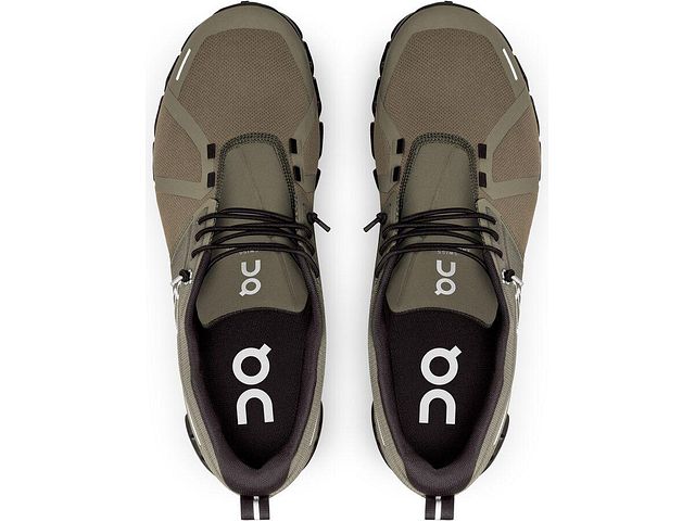 Top view of the Men's ON Cloud 5 Waterproof shoe in the color Olive/Black