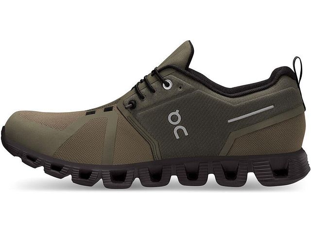 Medial view of the Men's ON Cloud 5 Waterproof shoe in the color Olive/Black