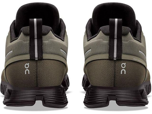 Back view of the Men's ON Cloud 5 Waterproof shoe in the color Olive/Black