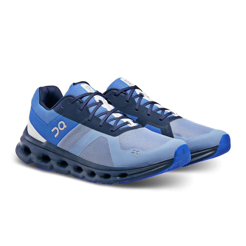 Front angle view of the Men's ON Cloudrunner in the color Shale/Cobalt