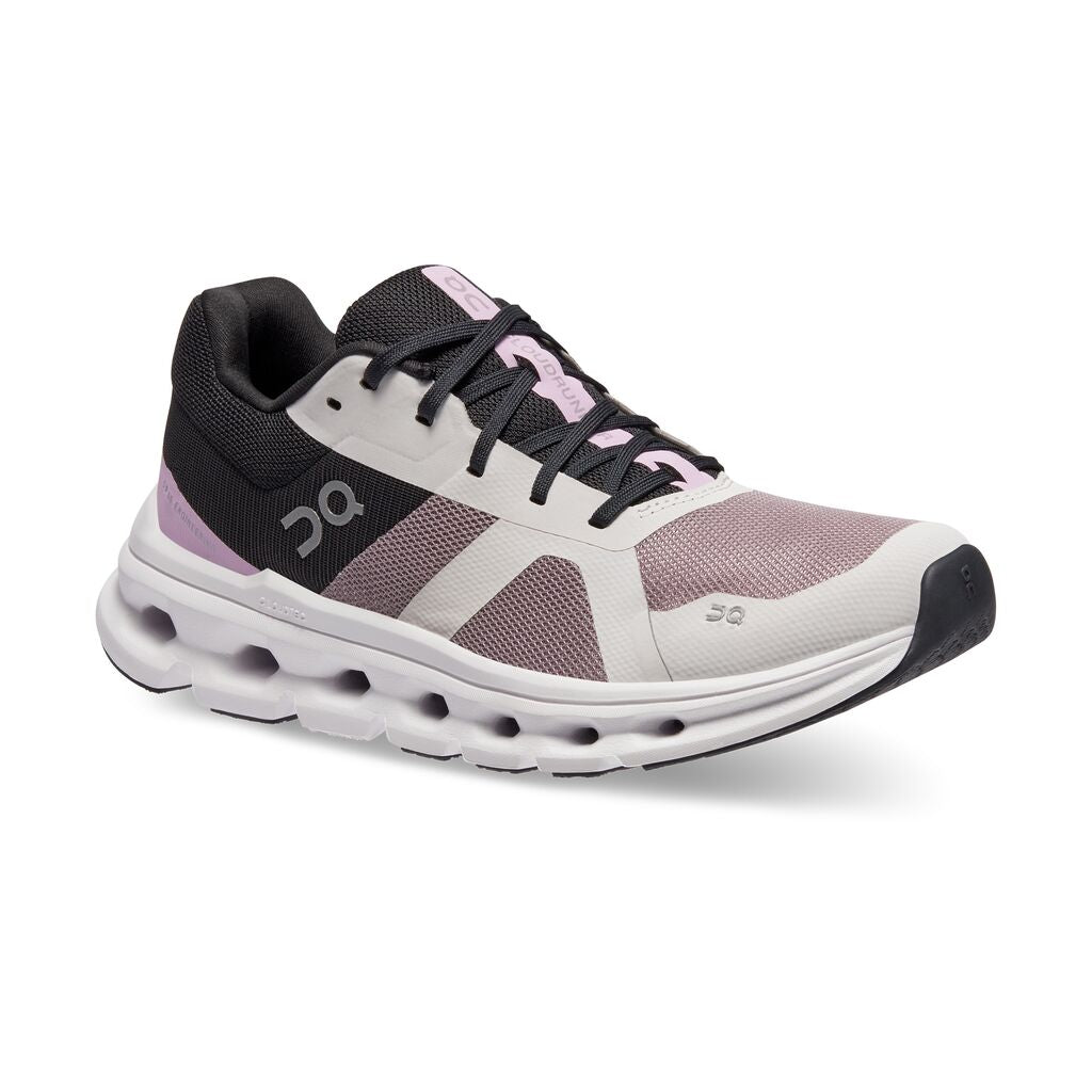 Front angled view of the Women's Cloudrunner by ON in the color Heron / Black