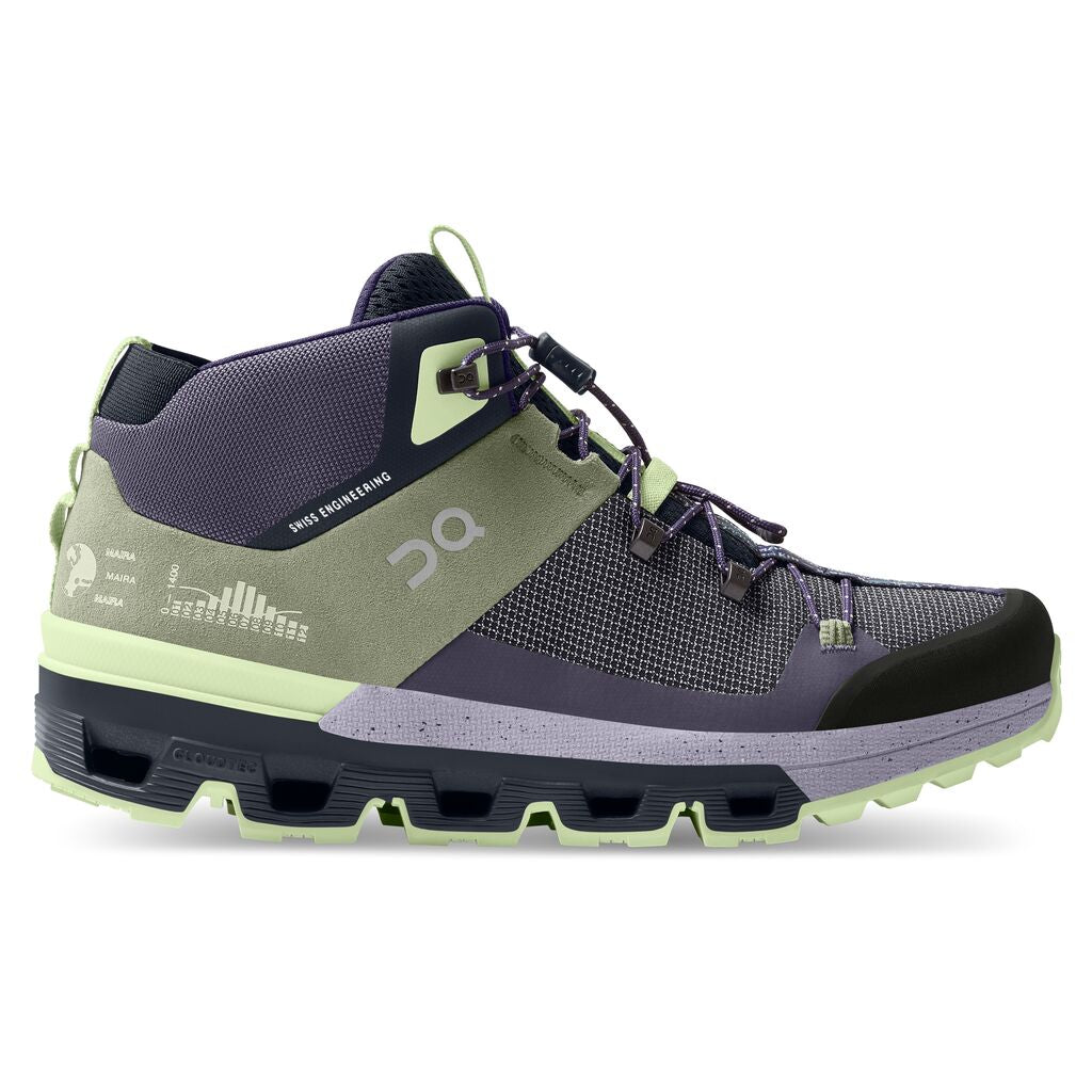 Lateral view of the Women's Cloudtrax hiking boot by ON in the color Reseda/Lavendar