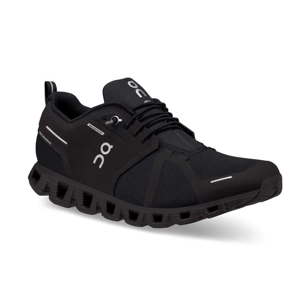 Front angle view of the Men's ON Cloud 5 Waterproof shoe in all Black